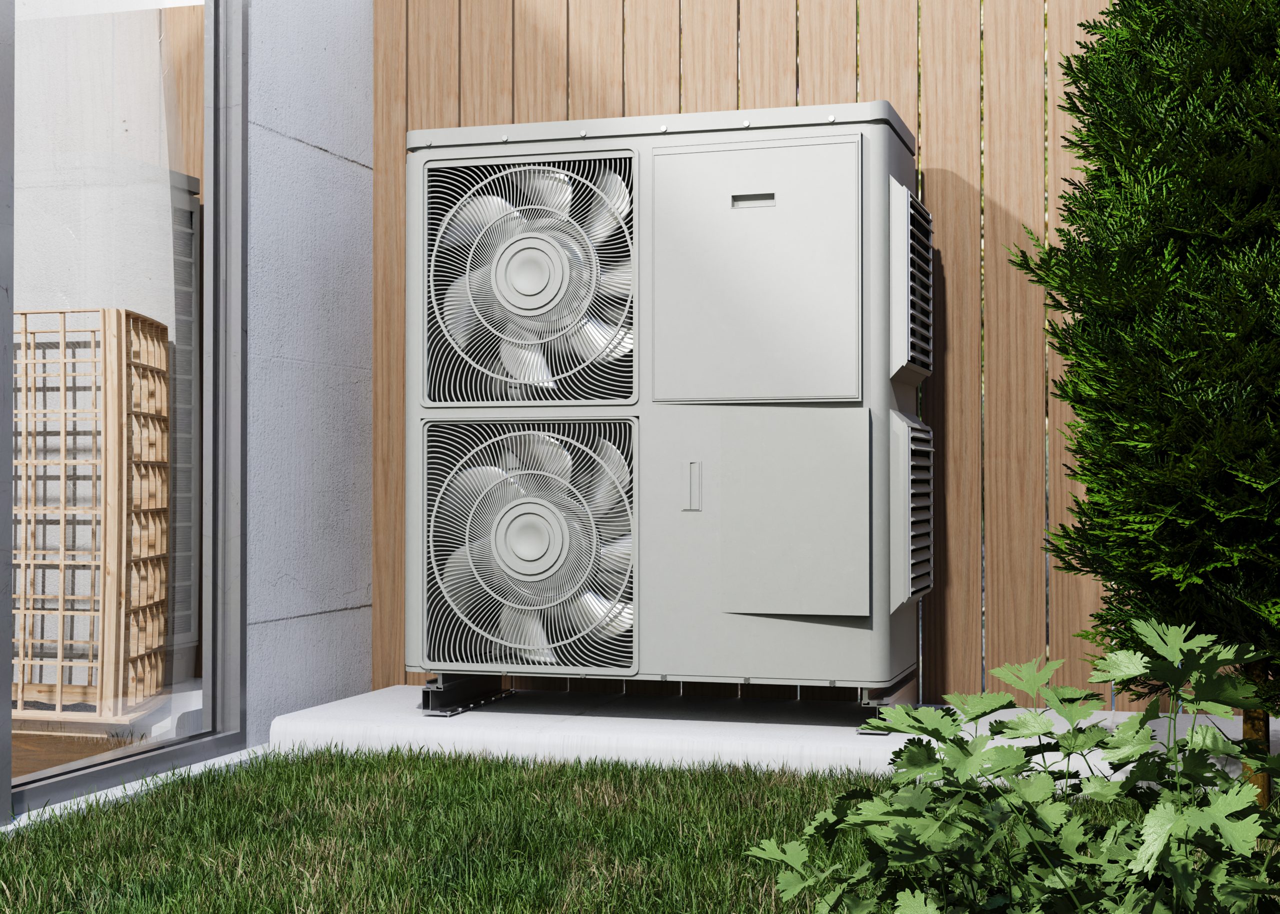 Beneficiile utilizării unui sistem de pompă de căldură în locuințe 1 close up heat pump outside home scaled