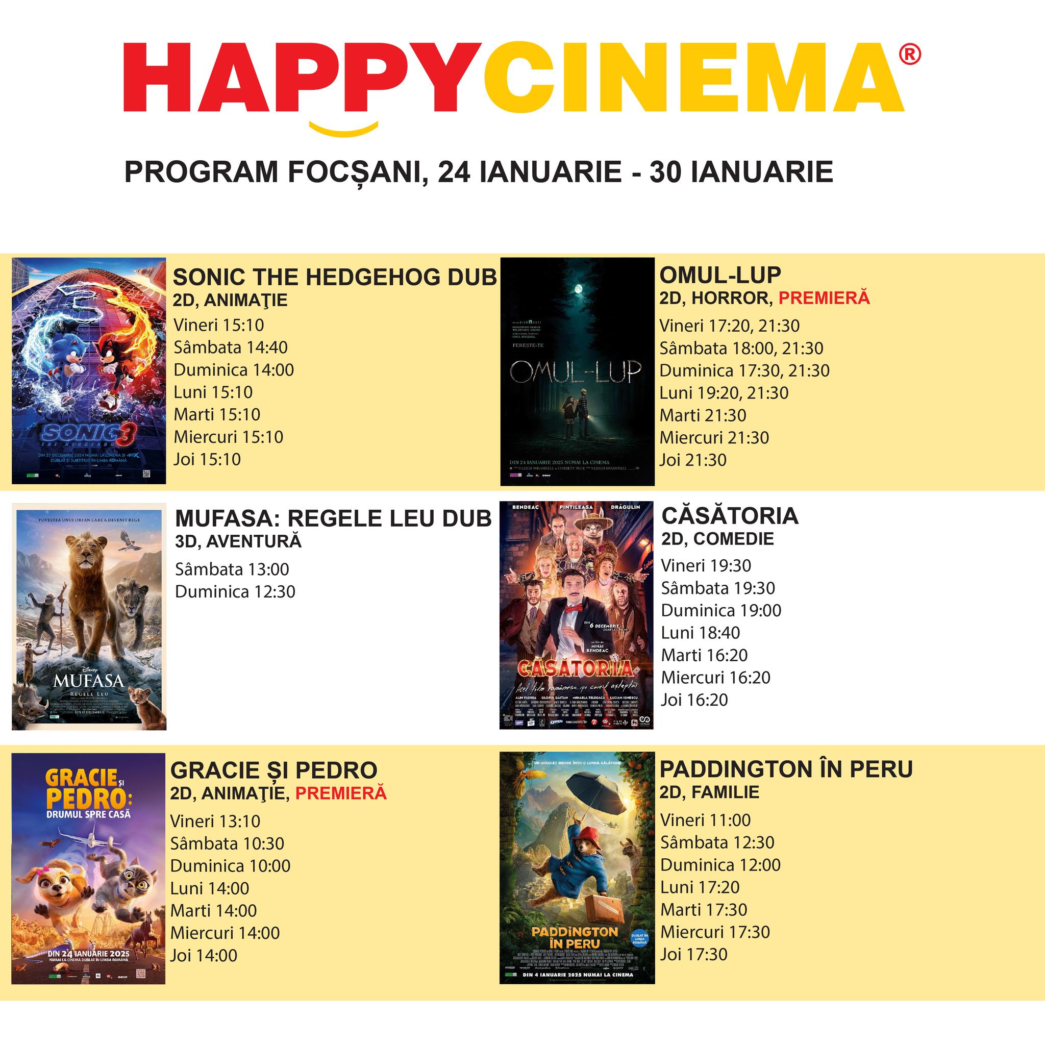 Programul săptămânii 24-30 ianuarie 2025 la Happy Cinema Focșani: Filme pentru toate gusturile! 1 program happy cinema focsani