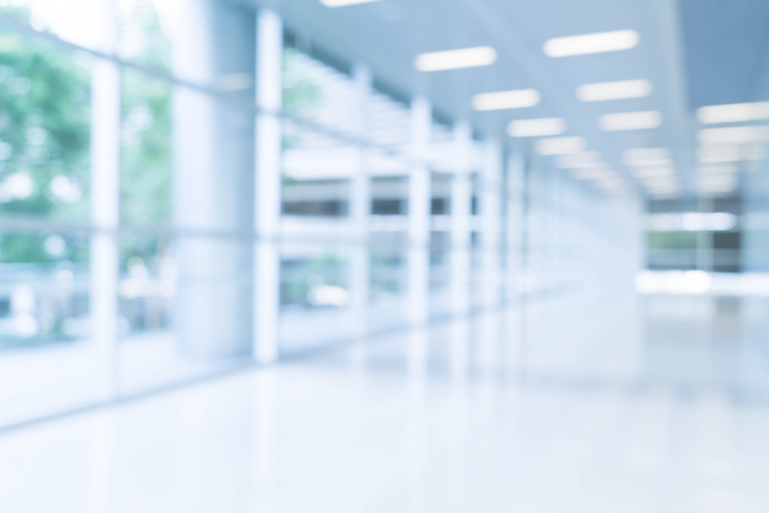 blurred abstract background interior view looking out toward empty office lobby entrance doors glass curtain wall with frame scaled