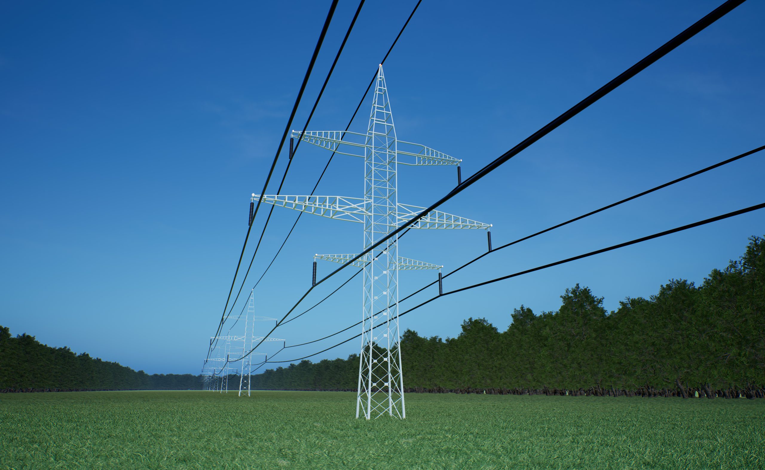electric grid delivering high voltage electricity using wires blue sky energy flowing through industrial equipment cables hanging power pylon 3d render animation scaled