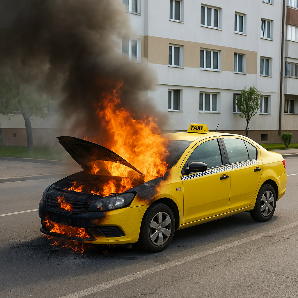Taxi în flăcări pe Bulevardul Independenței din Focșani. Un polițist aflat în timpul liber a intervenit decisiv 1 taxi incendiu