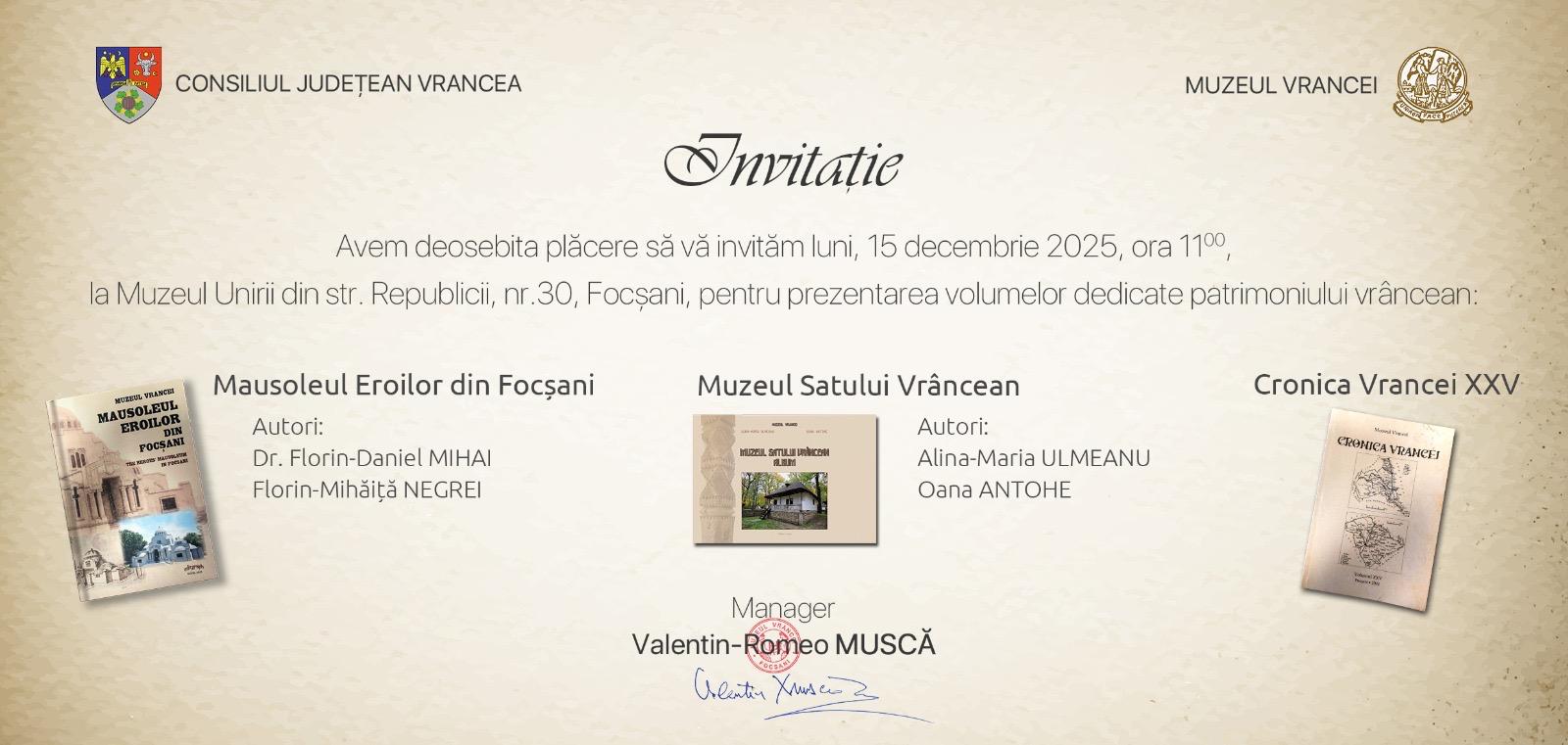 Istoria Vrancei, în pagini noi: eveniment cultural de excepție la Focșani 1 WhatsApp Image 2025 12 08 at 08.52.25