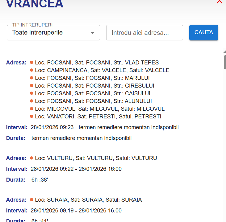 Întreruperi de energie electrică în Focșani și mai multe localități din Vrancea. Zeci de străzi și sate afectate 1 Screenshot 135